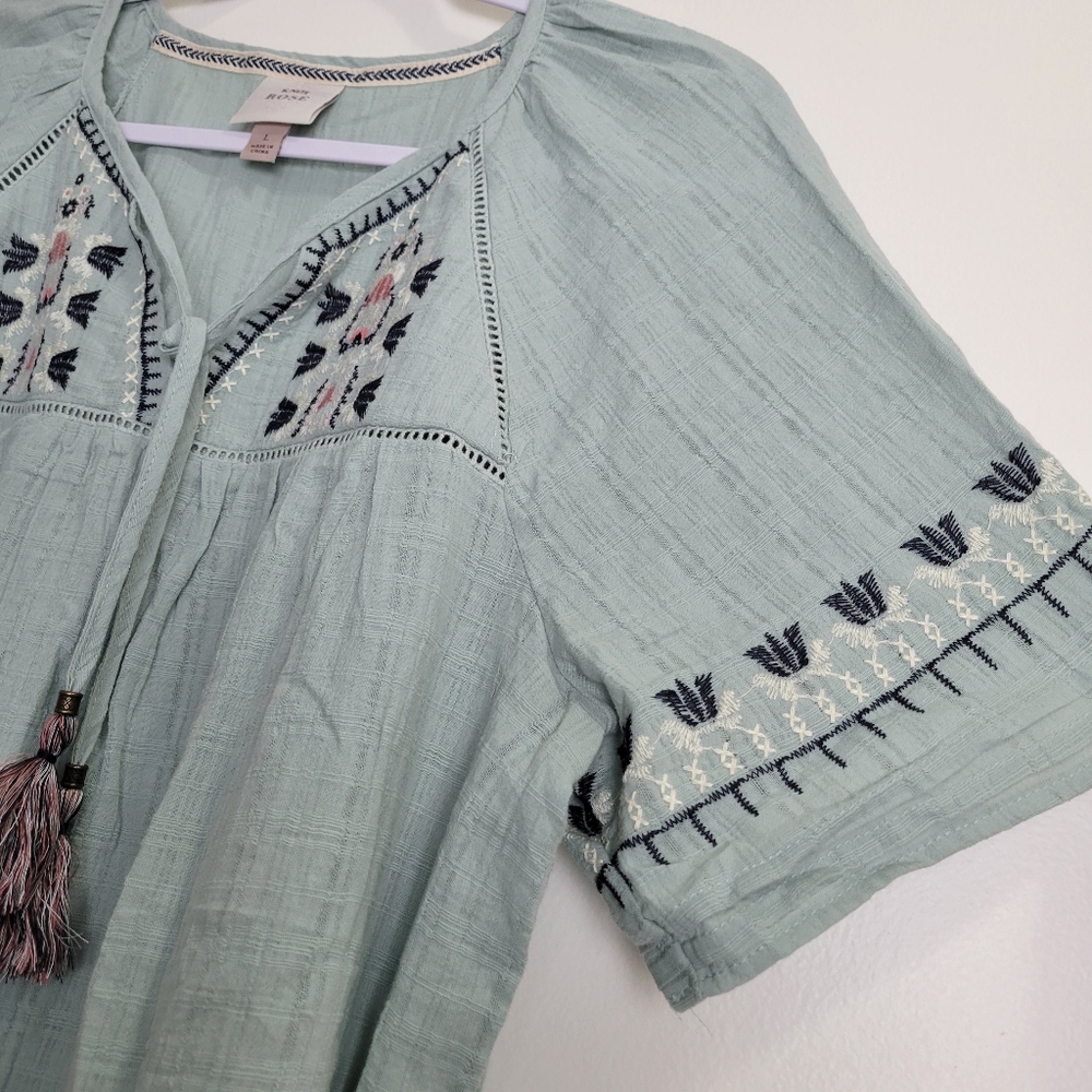 KNOX ROSE Boho Embroidered Gauze Cotton Bobydoll Top L - Picture 6 of 10